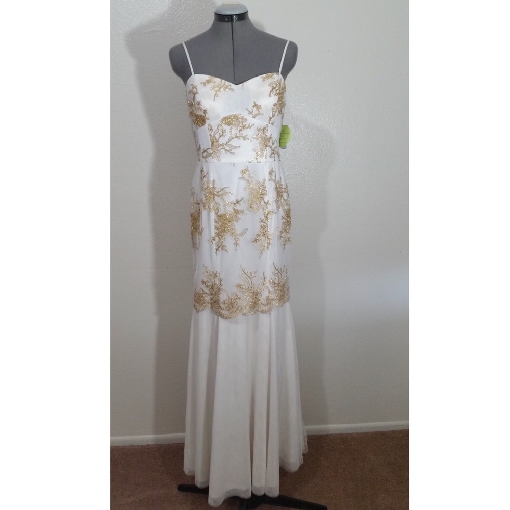 Long white and gold mermaid embroidered dress